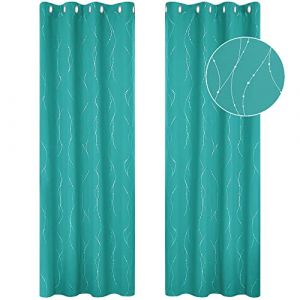 Lot de 2 Rideaux Argenté Motif Ligne Occultant Thermique Anti Froid, Rideau à Oeillets Désign Moderne Chambre Maison Salon, 132x214 cm, Turquoise
