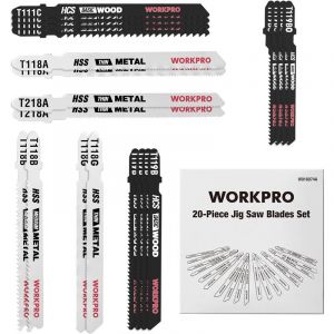 Lame de Scie Sauteuse &agrave; Tige en T 20 Pi&egrave;ces, Fabriqu&eacute;es en HCS/HSS, avec &Eacute;tui de Rangement pour Coupe de Bois, Plastique et M&eacute;tal WORKPRO