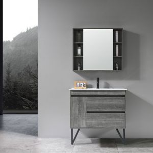 LuxuryBain- Meuble de salle de bain simple vasque 100cm gris effet bois avec miroir et colonne de rangement LB-8400