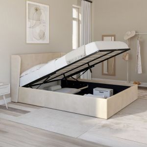 Idmarket Lit coffre double OREA avec t&ecirc;te de lit enveloppante et sommier 140 x 190 cm velours beige