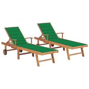 Lot de 2 transats chaise longue bain de soleil lit de jardin terrasse meuble d'extérieur avec coussin vert bois de teck solide 02_0012038