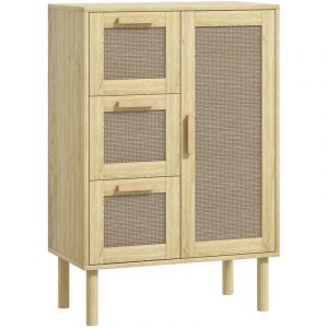 Homcom Meuble bas salle de bain style bohème - porte, étagère, 3 tiroirs - effet rotin bois clair