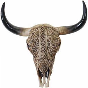 D&eacute;coshop26 T&ecirc;te de taureau d&eacute;coration murale 31 cm troph&eacute;e longhorn avec tribal en polyr&eacute;sine int&eacute;rieur/ext&eacute;rieur naturel 040002847