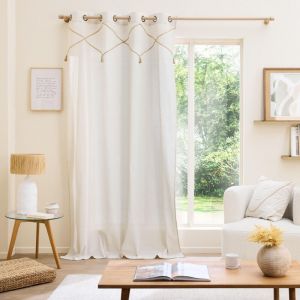 L'effet Papillon - Rideau &agrave; &OElig;illets Lacia - 140 x 240 cm - Polycoton Uni avec D&eacute;tails en Jute et Pompons