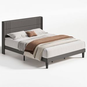 Lit double Bealife 180 x 200 cm avec T&ecirc;te de Lit Rev&ecirc;tement en Lin Structure en Bois et M&eacute;tal avec 20 cm de Rangement Gris Fonc&eacute;