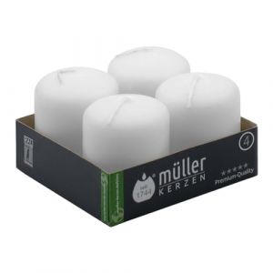 Müller Kerzen Lot de 24 Bougies Blanches Cylindriques 48 x 62 mm - Longue Durée, Cire Anti-goutte, Inodore - Qualité RAL