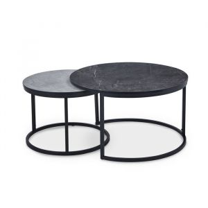 Lucia - Lot de 2 tables basses rondes gigognes effet marbre pieds en métal noir