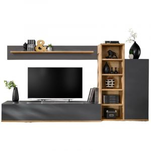 Composition murale RHYS &ndash; Meuble TV, colonnes et &eacute;tag&egrave;res &ndash; Anthracite et ch&ecirc;ne Wotan