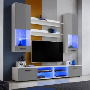 Meuble TV Mural Vida Extreme Furniture - LED bleues - Gris Brillant & Blanc - Façades en Brillant - L200cmxH195cmxP45cm