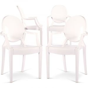 Privatefloor Lot de 4 chaises de salle &agrave; manger - Transparentes - Design avec accoudoirs - Louis xiv Blanc