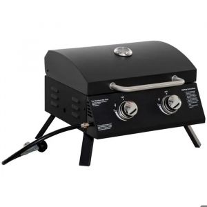 Barbecue Gaz de Table Transportable - Pieds Pliables - 2 brûleurs 5 KW - Grille de Cuisson - Réceptacle Graisse + Thermomètre -