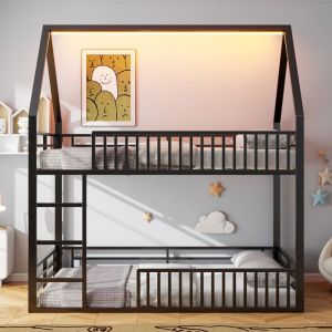 Lit superposé enfant 140 x 200 cm - Design en forme de maison - Avec clôture et éclairage LED - Noir (sans matelas)
