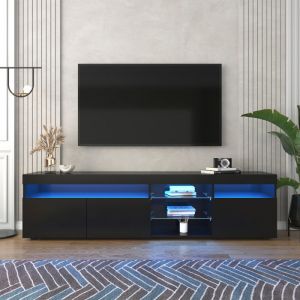 Meuble TV noir moderne, panneau lumineux, &eacute;clairage LED modulable, salon et salle &agrave; manger, meuble tv 180 cm