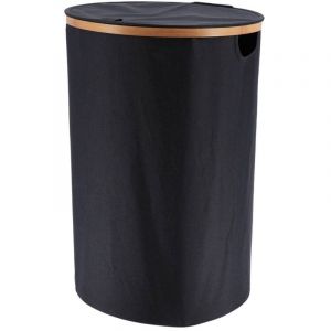 Tendance Panier &agrave; linge pliable avec couvercle 70L en polyester Noir et bambou D 40 x H 60 cm