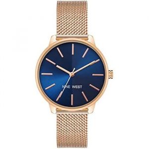 Nine West Montre - Montre Bracelet En Maille - Or Rose/Bleu Marine - Verre Minéral - Femme