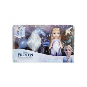 Coffret poup&eacute;e articul&eacute;e elsa 16 cm et cheval nokk bleu - figurines personnages - reine des neiges - set princesse + carte