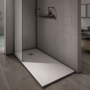 Grand Verre - Receveur de douche blanc surface ardoisée antidérapante avec bonde et grille en inox 70x100