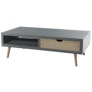 Image de Table b e scandinave gris effet béton brillant et décor bois naturel + pieds bois pin m if L 120 x l 60 cm