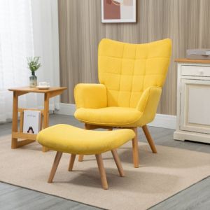 Fauteuil avec repose-pieds, dossier haut, pieds en bois, aspect velours côtelé, pour salon, chambre, jaune