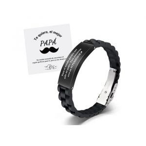 Bracelet Homme Cuir Et Acier Inoxydable Grav&eacute; Te Quiero El Mejor Pap&aacute; - Cadeau F&ecirc;te Des P&egrave;res Avec Carte Et &Eacute;crin - R&eacute;glable Noir
