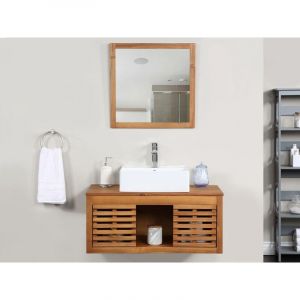 Meuble de salle de bain suspendu en bois d'acacia avec simple vasque et miroir 90 cm PENEBEL