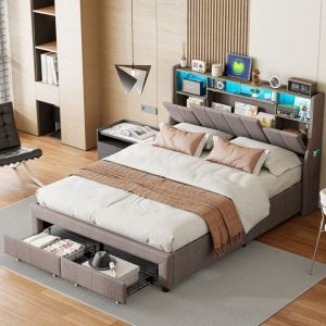 Lit 160x200 cm, lit adulte 160x200 cm, 2 tiroirs au pied du lit, éclairage led, recharge usb, lin, rangement en tête de lit, sommier à lattes - Gris