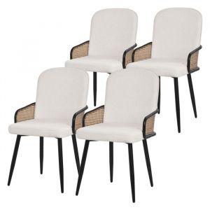 ML-Design Lot de 4 Chaises de Salle &agrave; Manger en Tissu Beige, Accoudoirs en Rotin et Pieds en M&eacute;tal Noir, Assise Rembourr&eacute;e Confortable, Fauteuils
