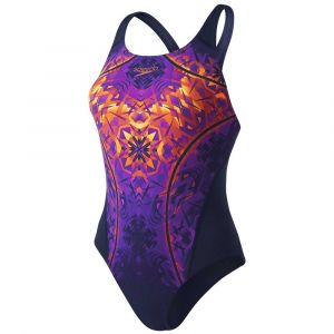 Speedo GemstoneFlash Maillot de Bain Femme, Navy/Diva/Fluo Orange, FR : XS (Taille Fabricant : 28)