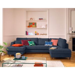 Anna - canap&eacute; panoramique d'angle droit 7 places convertible avec coffre en velours textur&eacute; - Bleu