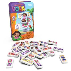 Spin master games Dora - Boîte Métal 28 Dominos - Personnages Explorateurs - Jeu De Société - Jeu D'Équilibre Patience Raisonnement - Boîte Rangement Et Transport - Jouet Issu du Dessin Animé - Jouet Enfant 4 Ans et +