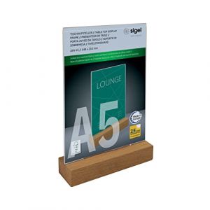 Image de Sigel TA254 Pr&eacute;sentoir de table vertical, acrylique, avec base en bois ch&ecirc;ne, pour A5