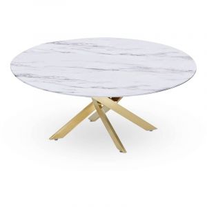 Image de Mobilier Deco - telma - Table basse ronde design verre marbré et pieds dorés - Blanc