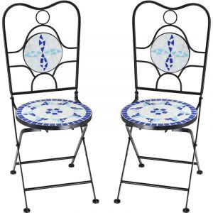 Deuba Chaise de jardin en mosa&iuml;que bleu blanc NEPTUN Set de 2 chaises pliantes en m&eacute;tal Mobilier de jardin terrasse
