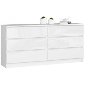 Grande Commode pour le salon Akord K160 Blanche 160 cm 6 tiroirs façade Blanche Brillante 160x40x77 cm