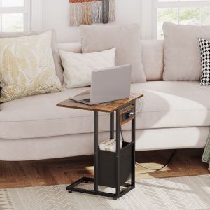 Table Basse Pliable avec Station de Charge, Table d'Appoint en Forme de C avec Poche en Tissu, pour Petits Espaces, Marron Rustique et Noir