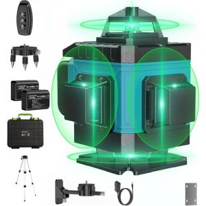 Niveau Laser Chantier Autonivelant 360&deg;x 4 Avec Tr&eacute;pied, Lazer Niveaux 4D 16 Lignes Laser, Autonivellement et Mode Puls&eacute; Ext&eacute;rieur, 2 x Batterie,