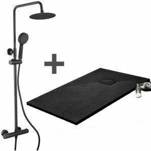 Stano Pack Receveur de douche 80 x 100 cm extra plat Noir + Colonne de douche thermostatique Finition noir mat - Finition noir mat