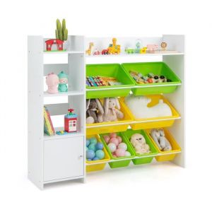 Costway 3 En 1 Organisateur De Rangement Jouets D¿Enfants, À 4 Niveaux Avec Porte Et 8 Bacs, 112,5x30x100 Cm, Pour Garderie, Blanc