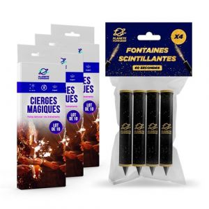 PLANETE FUMIGENE Lot de 4 Fontaines à Gateaux 1 Minute + 30 Cierge Magique 40 Secondes, idéal pour Décoration de Gateaux, Bougie étincelante Accessoire déco pour anniversaire Catégorie F1