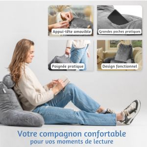 Coussin de lecture, Avec coussin pour la nuque, Ella, Coussin de relaxation, Velours, Anthracite