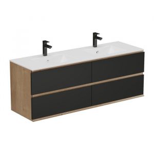 Meuble de salle de bain suspendu avec vasque &agrave; encastrer - Coloris naturel clair et noir - 150 cm - SABURI