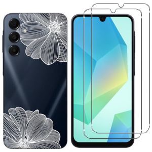Novago Pour Samsung Galaxy A16 4g/5g - Coque Transparente Avec Motif Fleur Blanche + 2 Films Protection Vitre &Eacute;cran Verre Tremp&eacute;