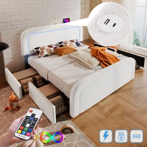 VidaXL Lit 140x200 cm avec tiroirs, lit adulte led, lit capitonné avec fonction de chargement usb Type c et 4 tiroirs, blanc, sans matelas