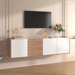 Meuble TV, panneau bas blanc et couleur bois, peut être accroché au mur ou posé sur le sol 171,5x35x47cm, blanc