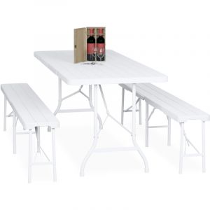 Relaxdays Ensemble table pliante et 2 bancs, pour jardin, pavillon ou camping, effet bois, 180 cm, blanc