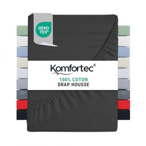 Image de Komfortec Drap Housse Lit 140x200 cm - Jersey 100% Coton 135g/m&sup2; - Certifi&eacute; Oeko-Tex - Bonnet 30 cm - Drap Lit avec &Eacute;lastique pour Matelas &Eacute;pais - Anthracite