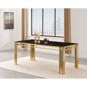 Homy France - Table 6 &agrave; 8 couverts flute Gold Plateau en verre effet marbr&eacute; Blanc 180 cm