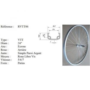 Velox Roue vélo - Roue arrière vélo - 24 Pouces - 5/6/7 vitesses - axe écrous - simple paroi - couleur argent