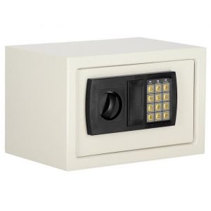 Coffre-fort domestique à clé, coffret de 31x20x20 cm, boîte de rangement pour l'argent de couleur beige.