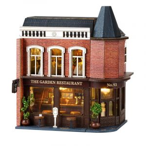 Dam Restaurant garden. Maquette 3d avec design de panneau de porte ouverte.